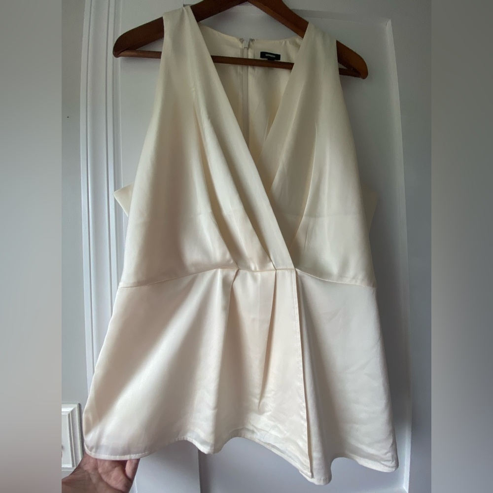 Ivory Satin Sleeveless Faux-Wrap Blouse